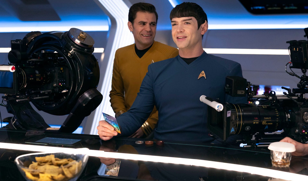 Behind-the-scenes photo from the set of Star Trek SNW S4 showing Wesley and Peck on set
