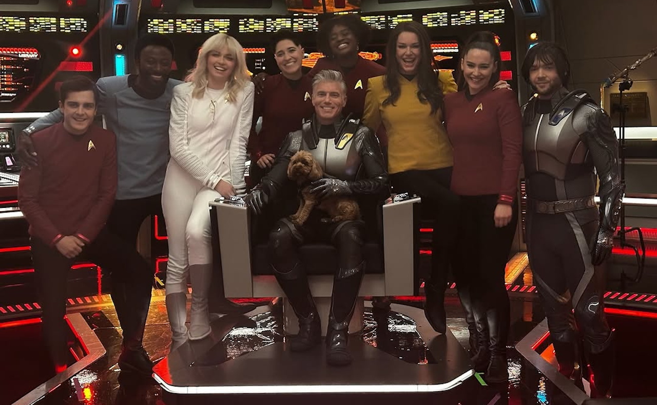 Behind-the-scenes photo from the set of Star Trek SNW S5 showing the main cast