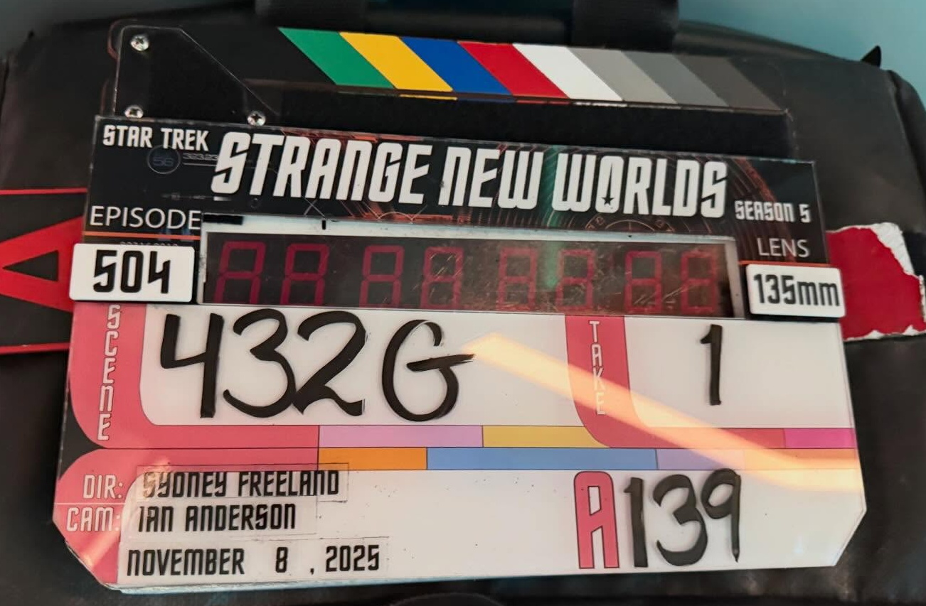 Behind-the-scenes photo from the set of Star Trek SNW S5 showing a clapper board