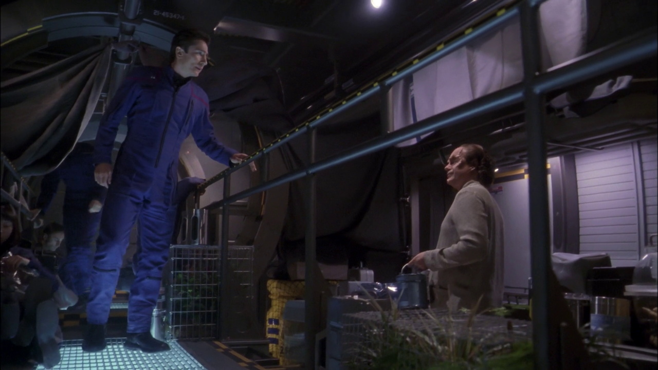Still frame from Star Trek ENT showing Reed and Phlox in the catwalk
