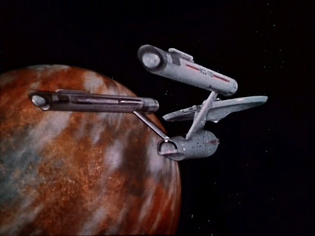 Still frame from Star Trek TOS 1x01 showing the Enterprise