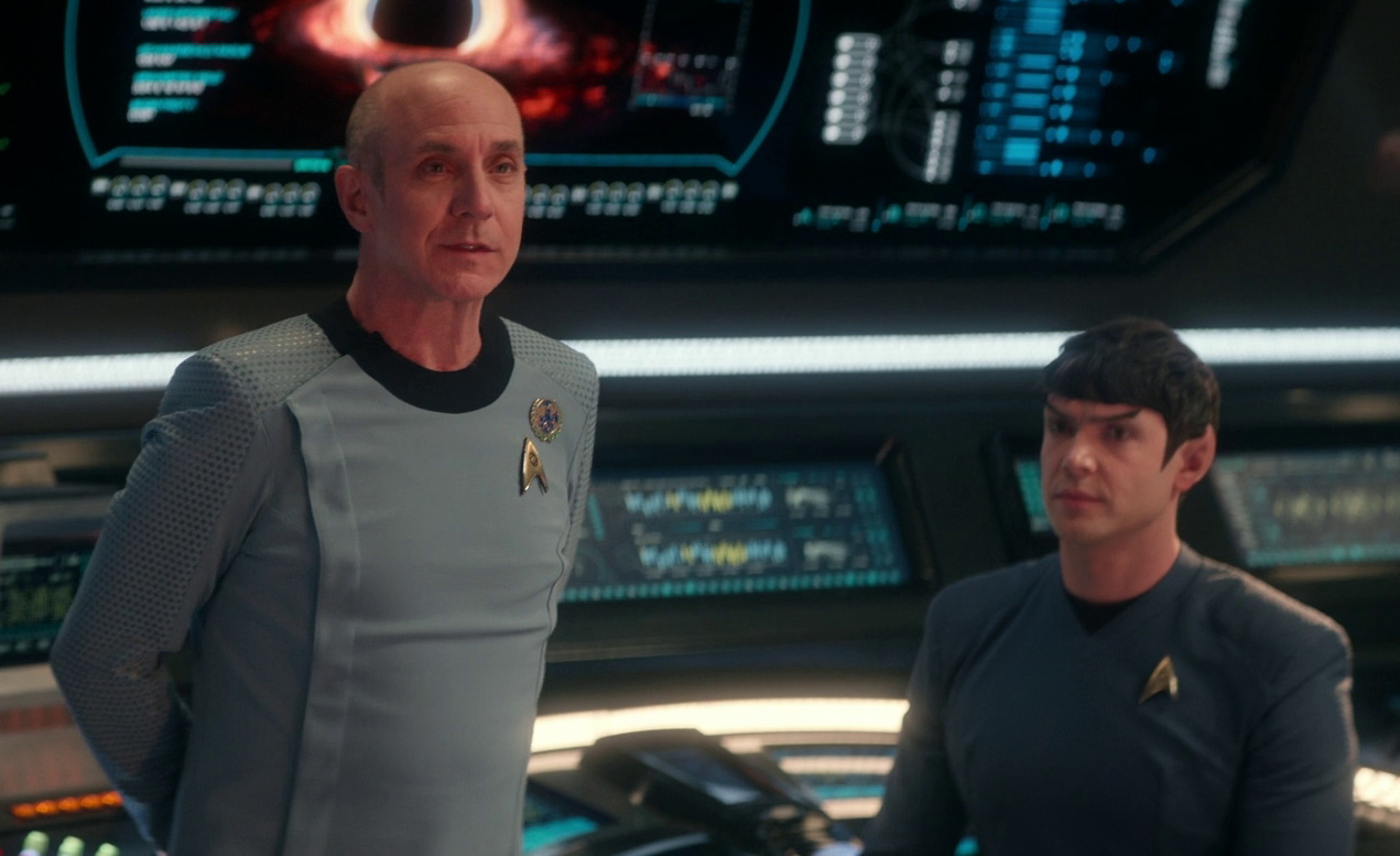 Still frame from Star Trek SNW 4x10 showing Boyce and Spock on the bridge