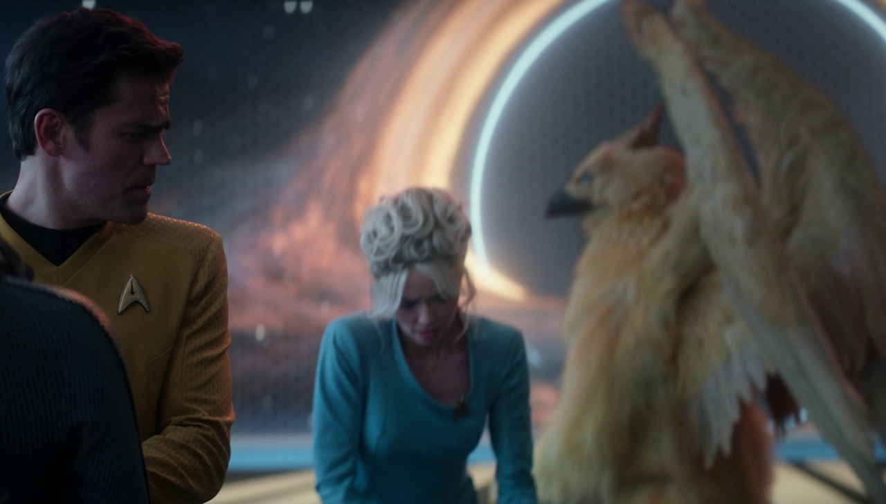 Still frame from Star Trek SNW 4x10 showing Kirk, Chapel, and an Aurelien (maybe Aleek-Om?)
