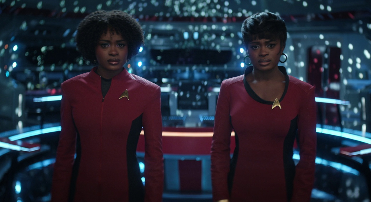 Still frame from Star Trek SNW 4x10 showing two Uhuras