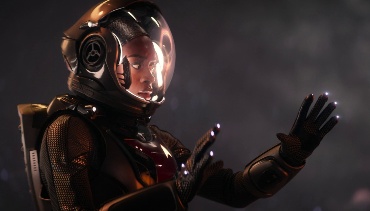 Still frame from Star Trek SNW 4x10 showing Uhura in an EV/space suit