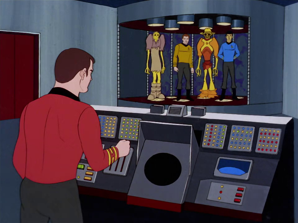 Still frame from Star Trek TAS Albatross showing Scotty operating the transporter