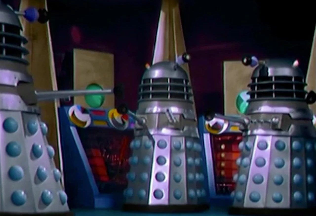 Still frame from Dr Who (classic) showing Daleks