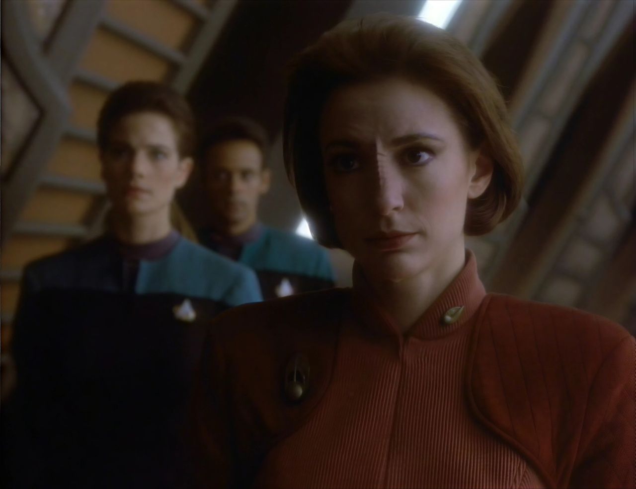 Still frame from Star Trek DS9 1x01 showing Kira, Bashir, and Dax