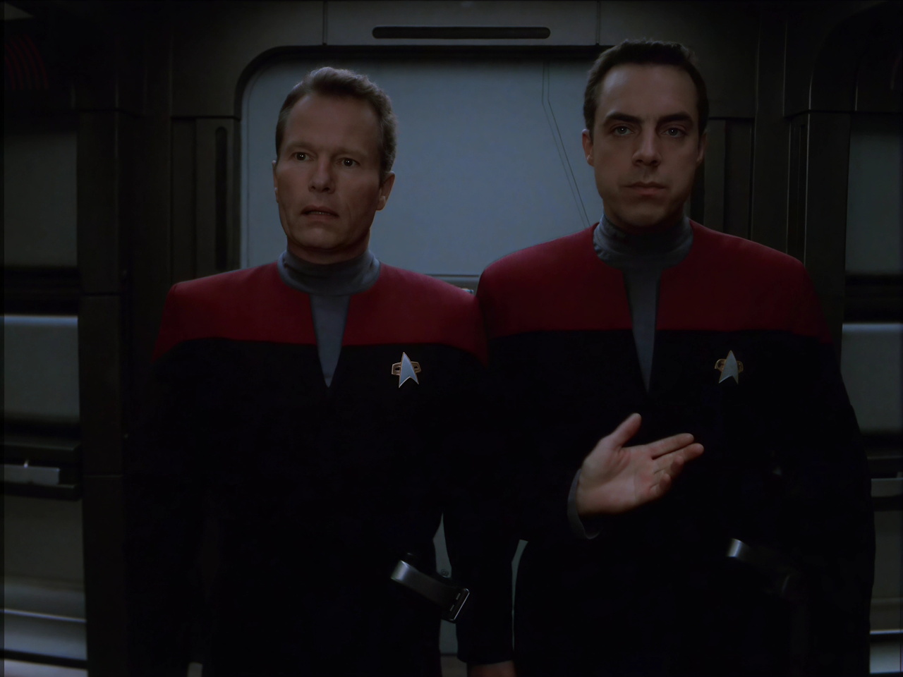 (A.I. upscaled) still frame from Star Trek VOY Equinox I showing Ransom and Burke
