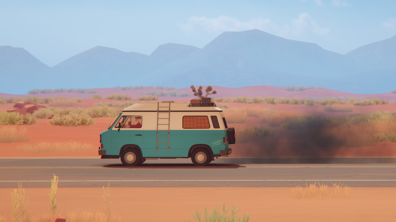 Screenshot from Forever Ago showing Alfred's van breaking down in the desert