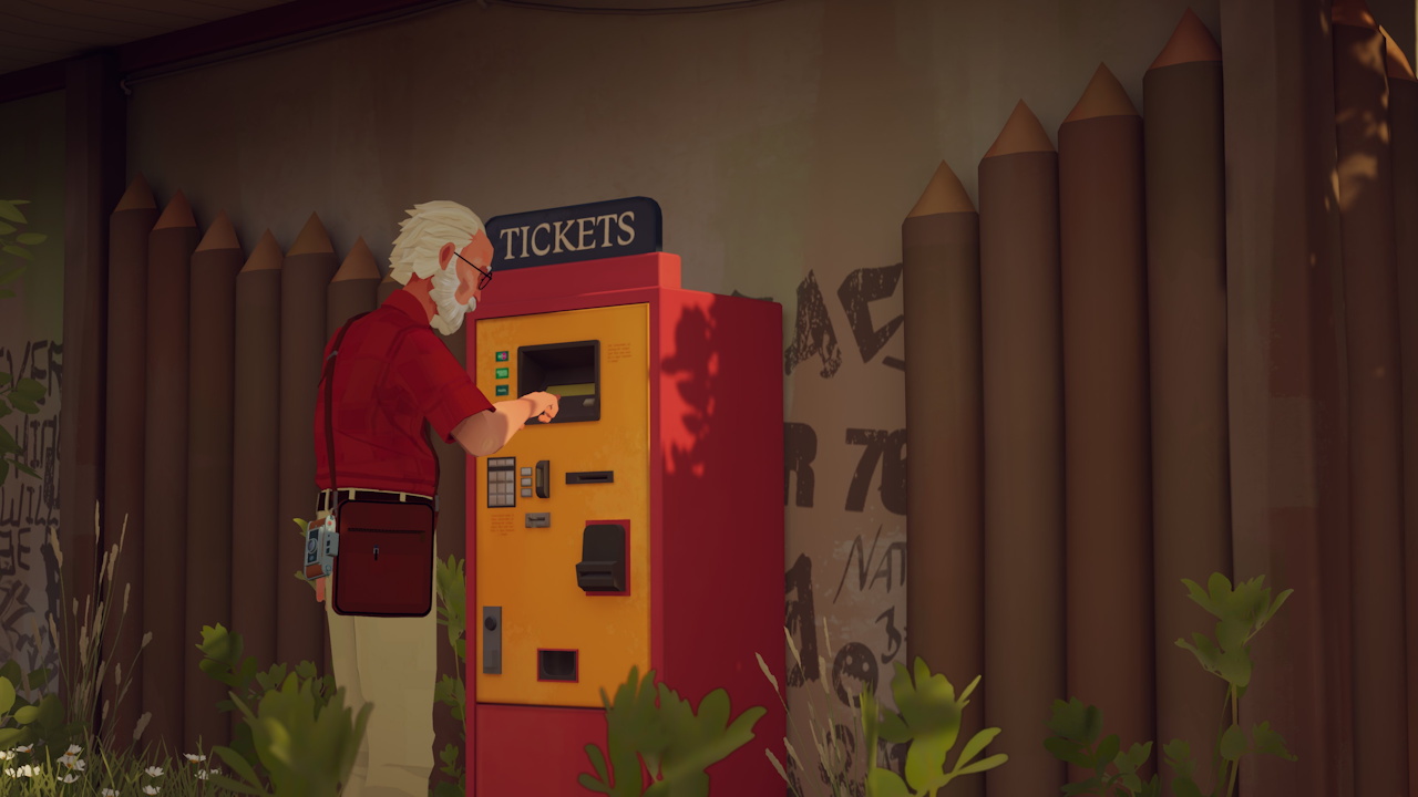 Screenshot from Forever Ago showing Alfred at a ticket machine
