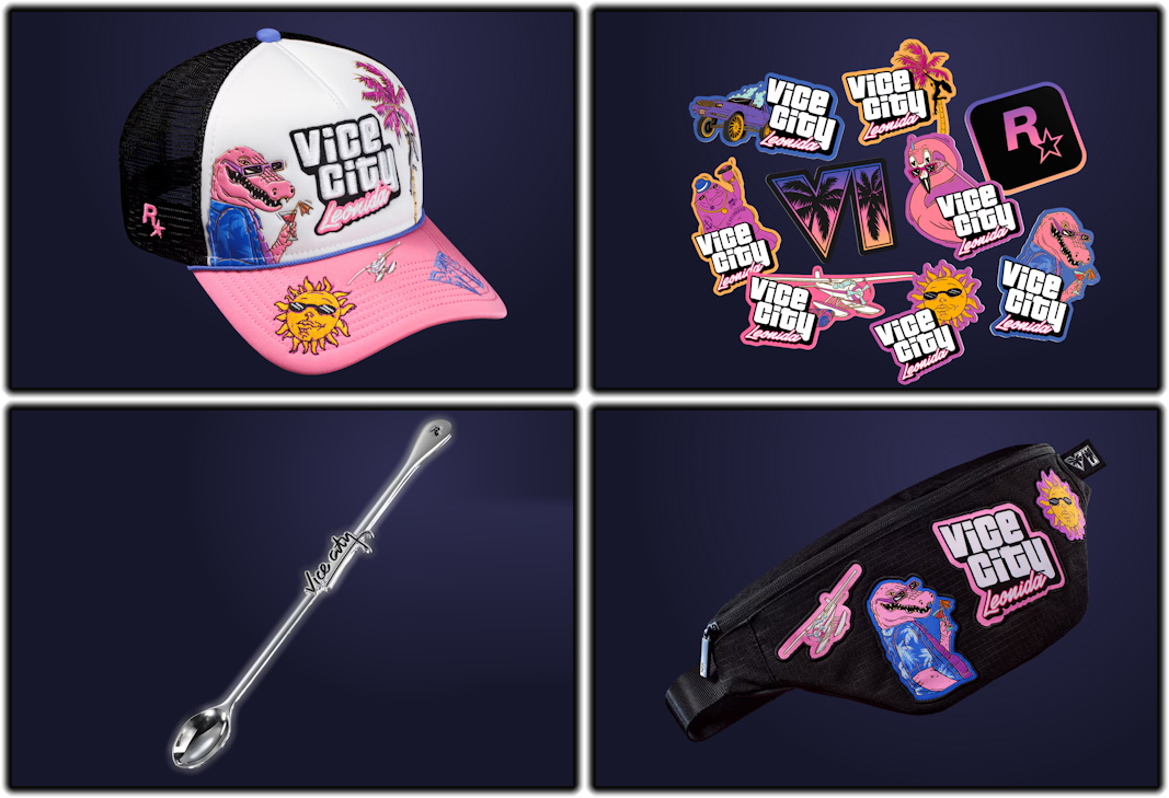 Four cropped images from the GTA 6 Collector's Edition showing products