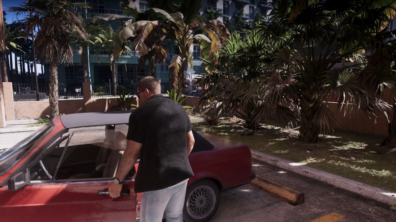 Still frame from the GTA VI Extended Look showing Jason opening a car door