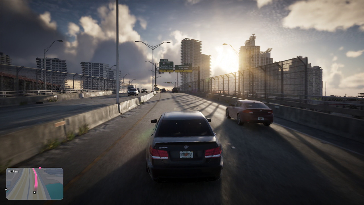 Still frame from the GTA VI Extended Look showing a car on the highway