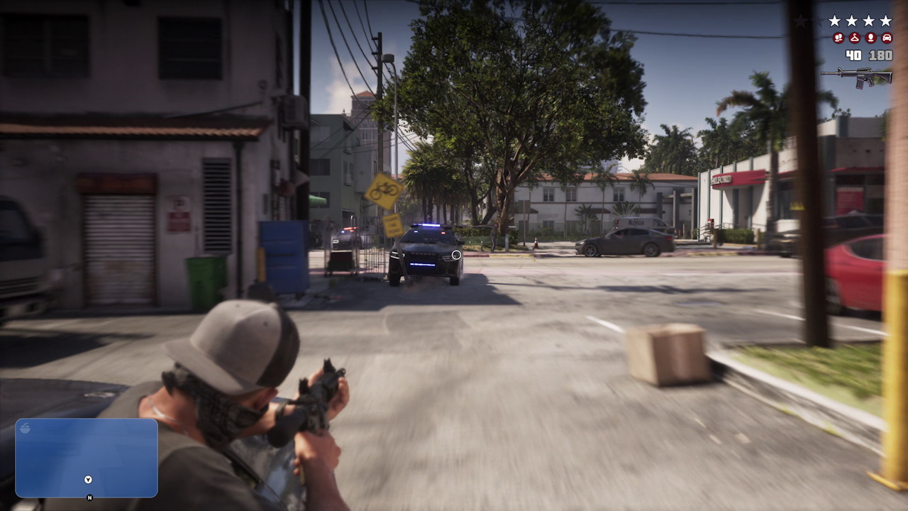 Still frame from the GTA VI Extended Look showing shooting from a car