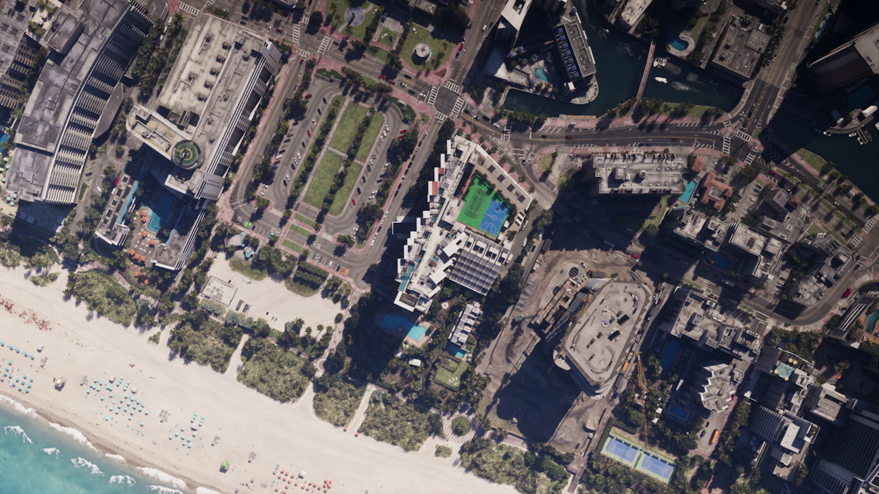 Still frame from the GTA VI Extended Look showing the character swap/top down view