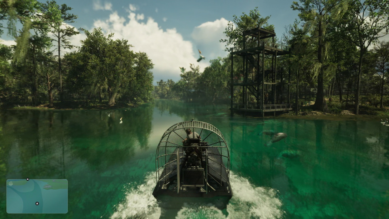 Still frame from the GTA VI Extended Look showing a fan boat