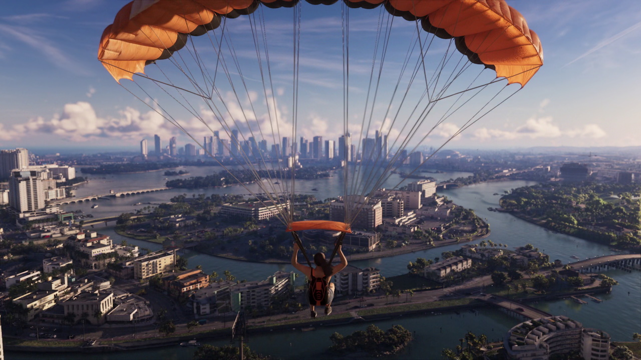 Still frame from the GTA VI Extended Look showing a hang glider