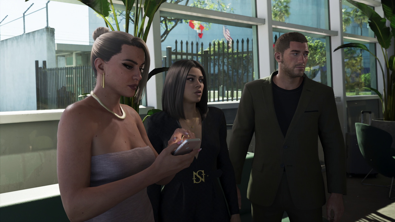 Still frame from the GTA VI Extended Look showing Lucia on her phone with Jason