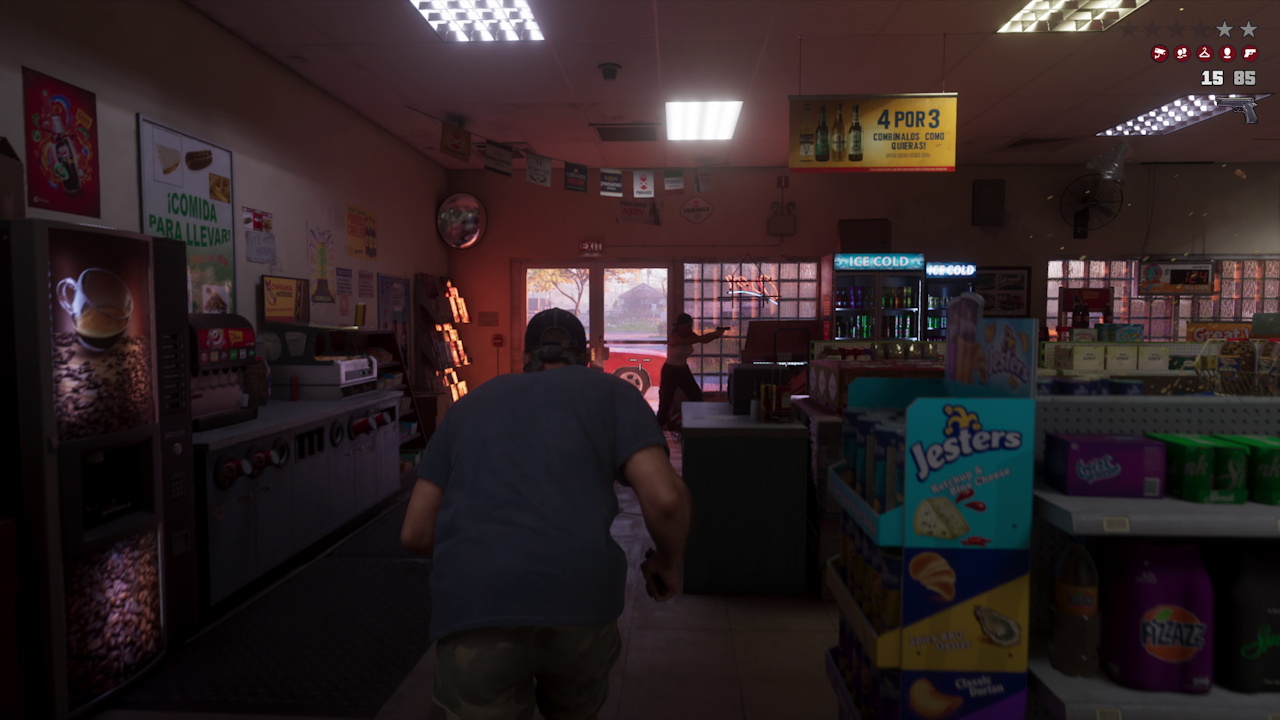 Still frame from the GTA VI Extended Look showing a shop robbery