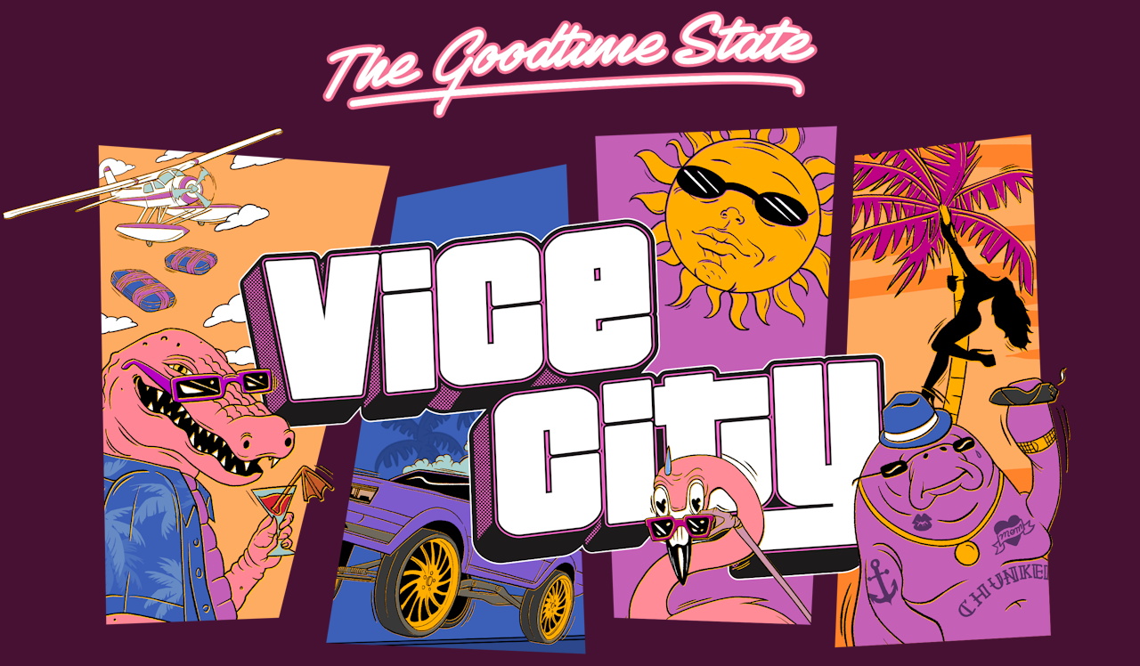 Promo image for Grand Theft Auto VI in the style of a postcard
