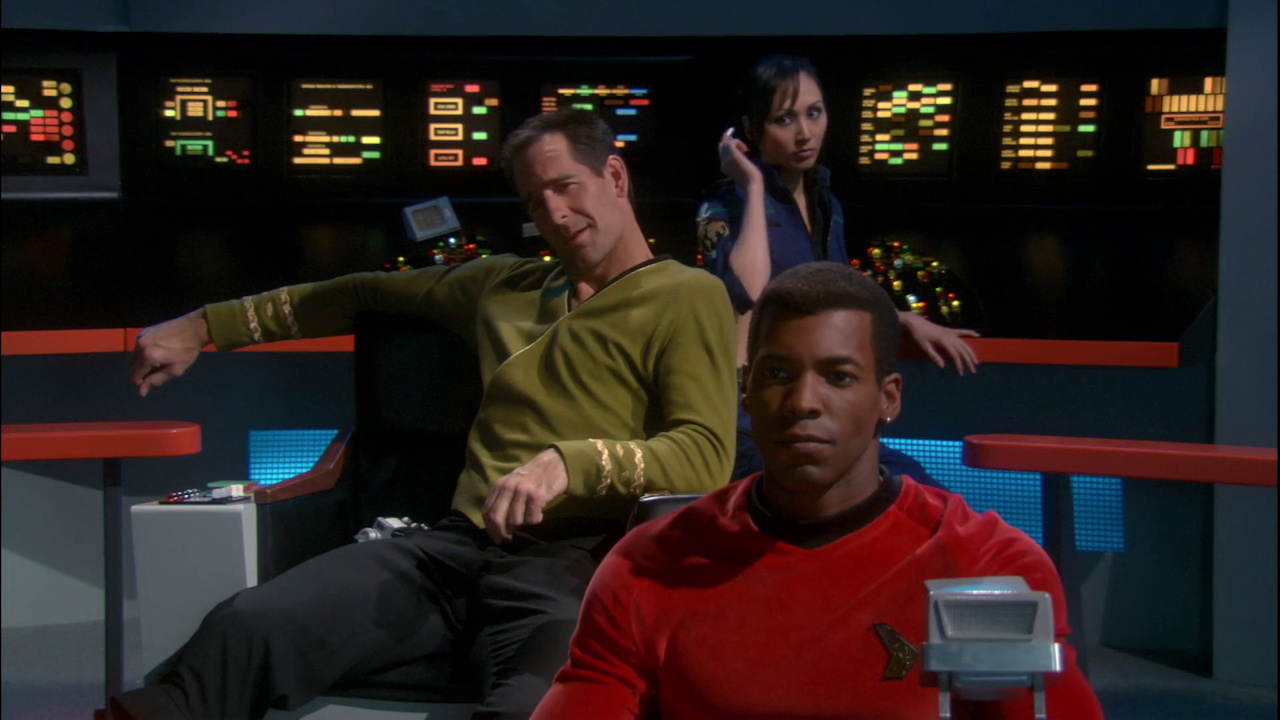 Still frame from Star Trek ENT In A Mirror, Darkly showing Travis, Hoshi, and Archer
