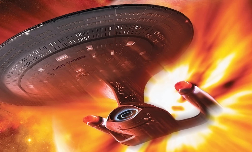 (Cropped) cover for Indistinguishable from Magic showing a Galaxy-class ship