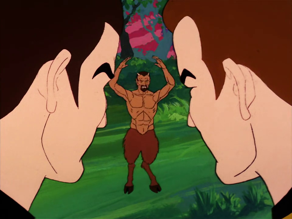 Still frame from Star Trek TAS The Magicks of Megas-Tu showing Kirk, Bones, and a Megan