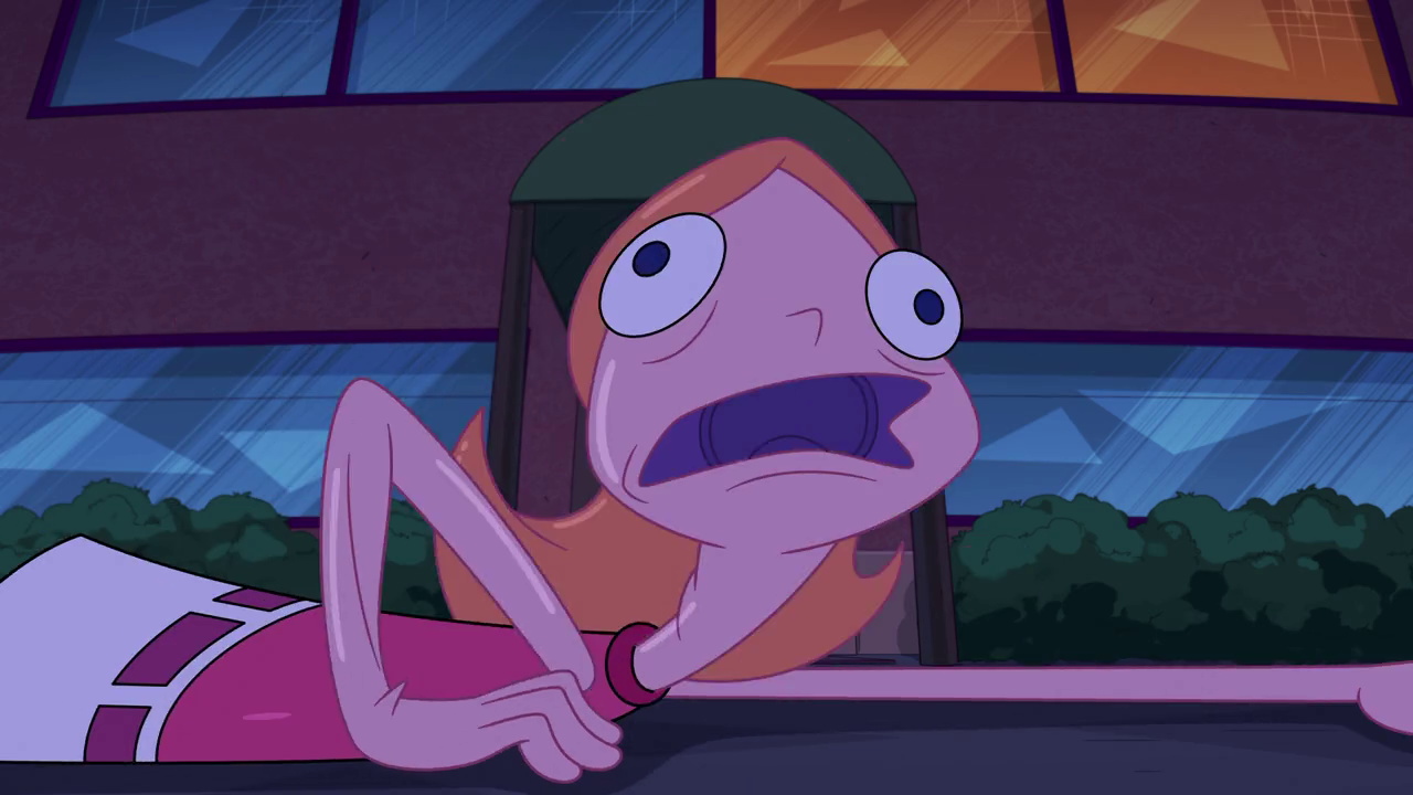 Still frame from Phineas and Ferb 6x01 showing a Candace suit crawling