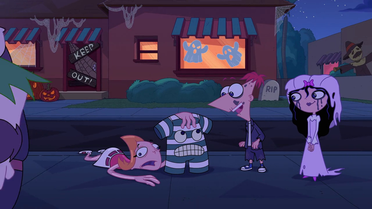 Still frame from Phineas and Ferb 6x01 showing Phineas, Isabella, and Klimpaloon