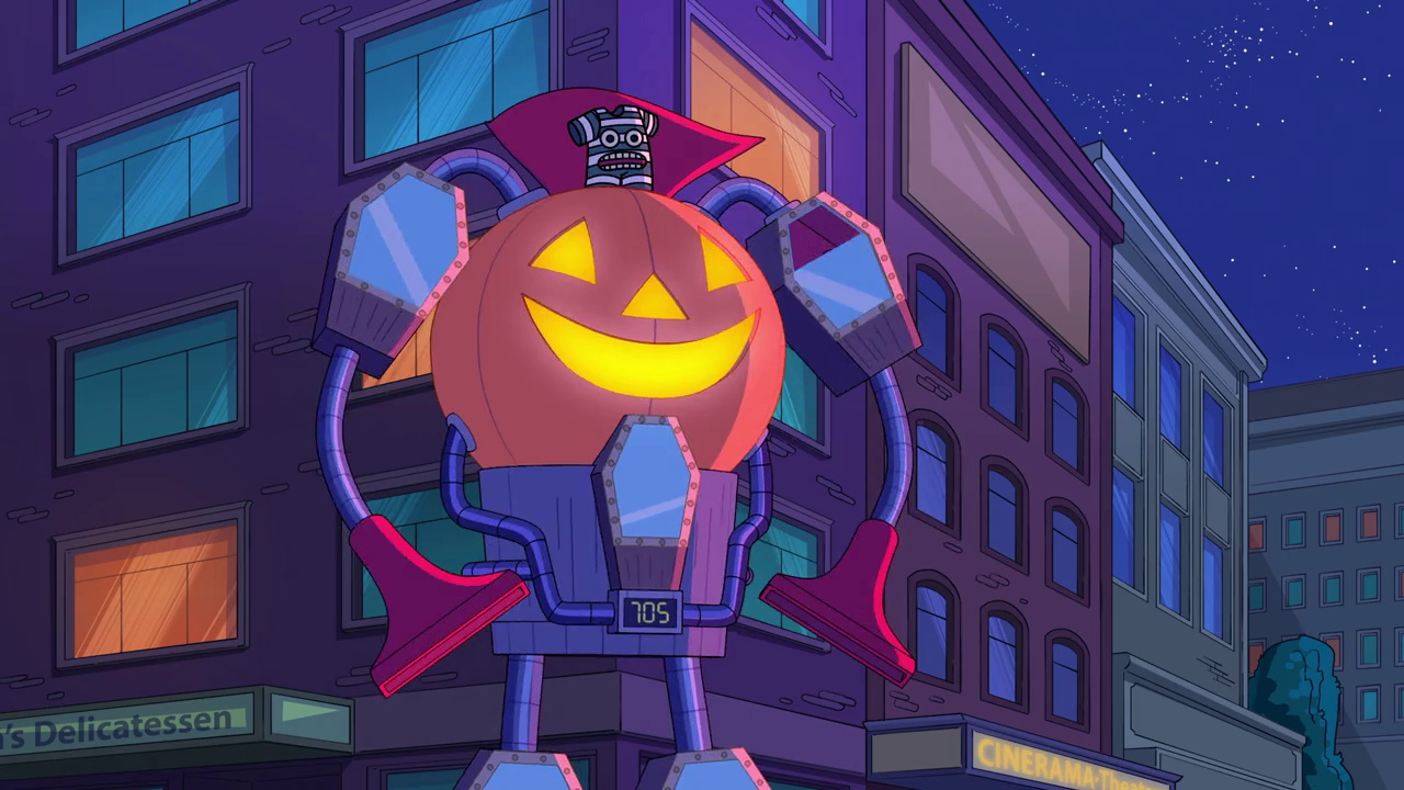 Still frame from Phineas and Ferb 6x01 showing a pumpkin robot
