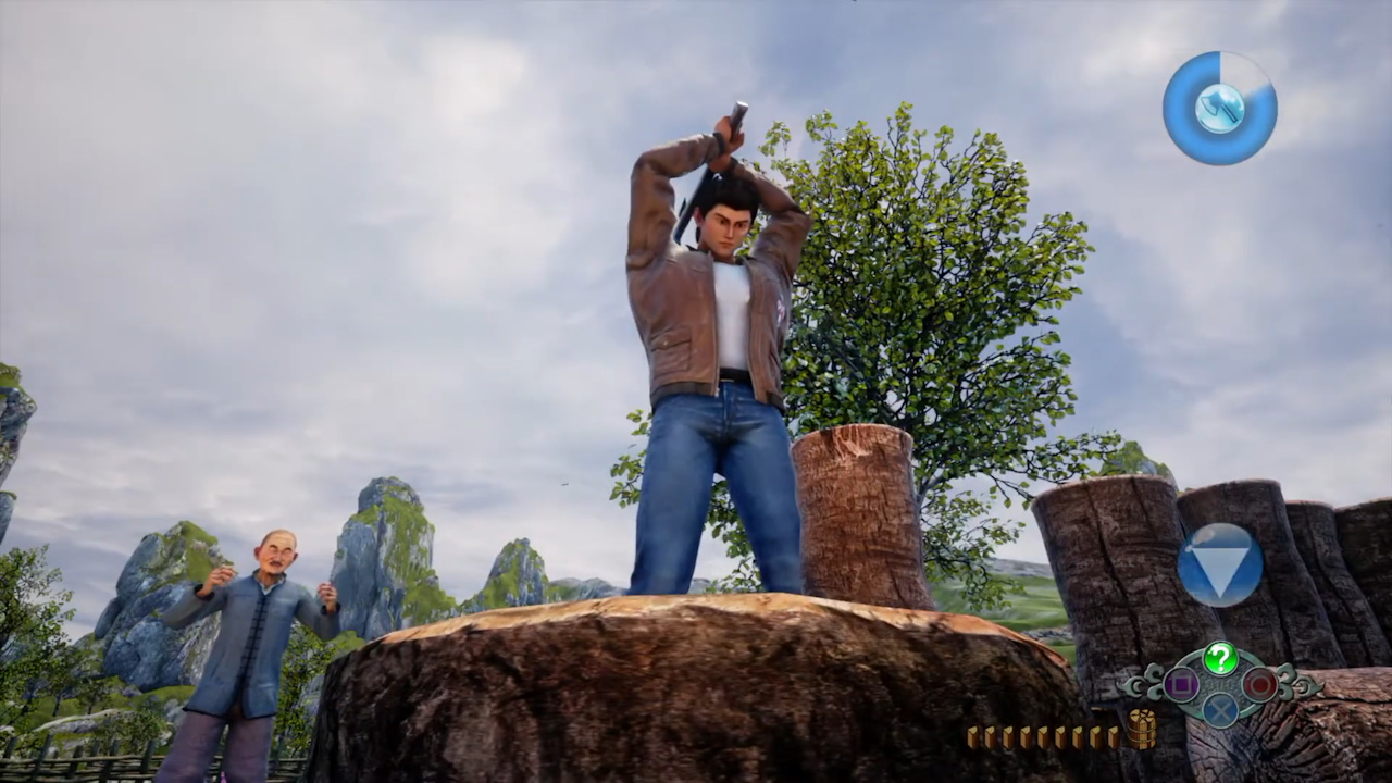Screenshot of Shenmue III showing the wood-chopping mini-game
