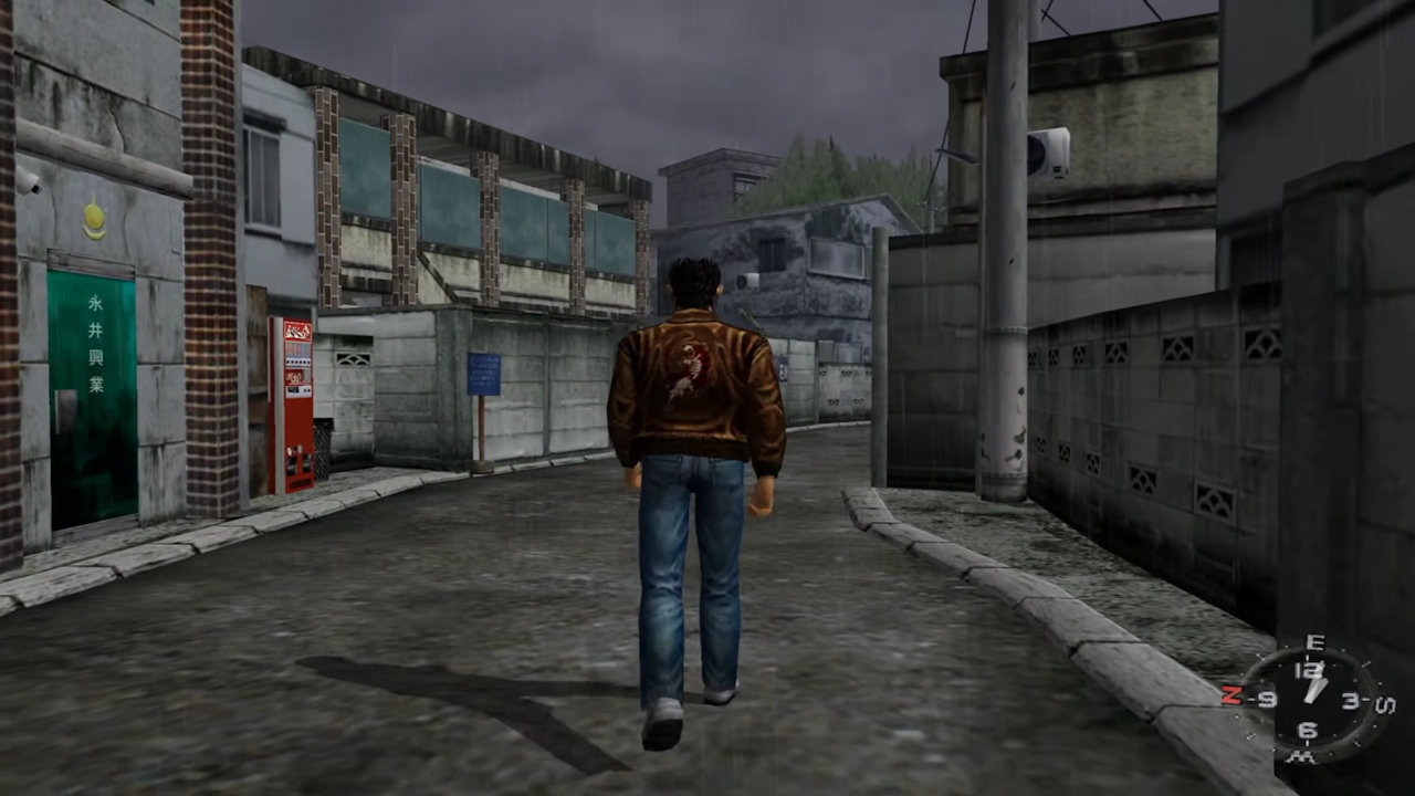 Screenshot from Shenmue I showing Ryo passing the vending machine and Nagai Industries