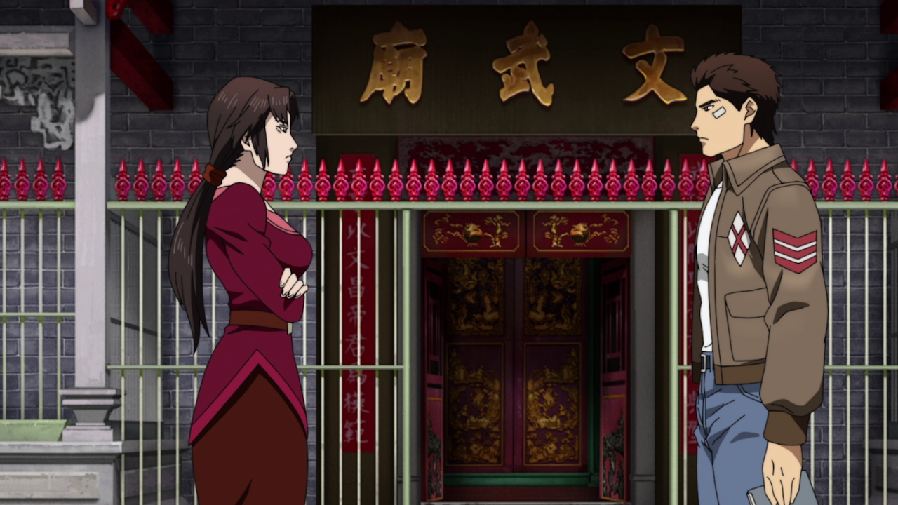 Still frame from Shenmue: The Animation showing Ryo meeting Xiuying at the temple