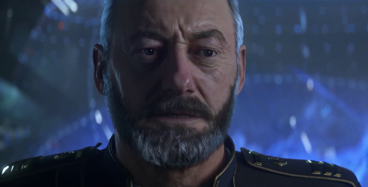 Still frame from the Squadron 42 promo trailer showing Liam Cunningham's character