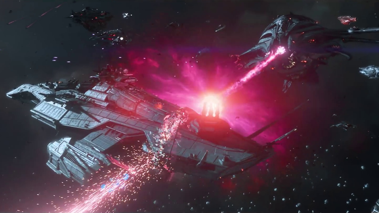 Still frame from the Squadron 42 promo trailer showing a space battle