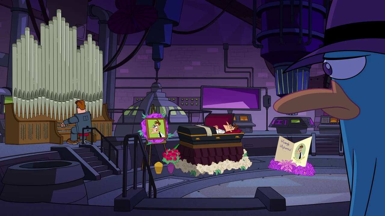Still frame from Phineas and Ferb 6x02 showing Doof's funeral