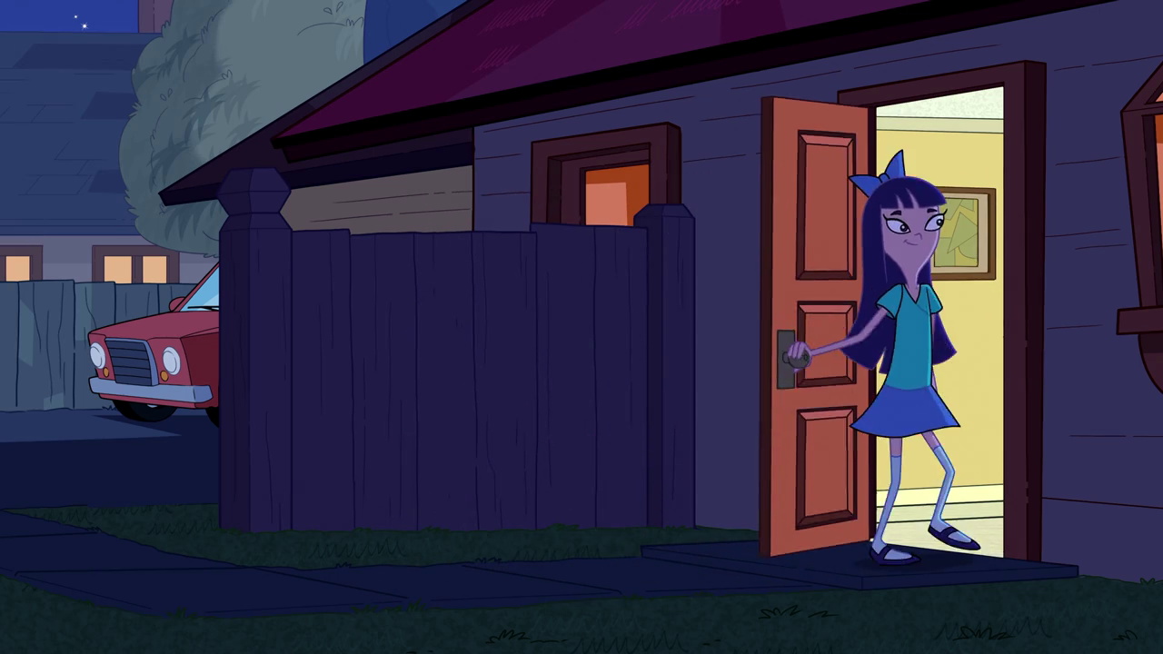 Still frame from Phineas and Ferb 6x02 showing Stacey at the door