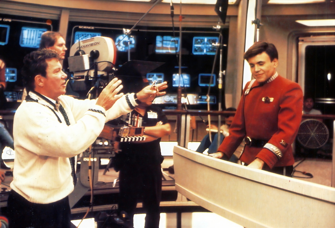 Behind-the-scenes photo from Star Trek V showing Shatner and Koenig