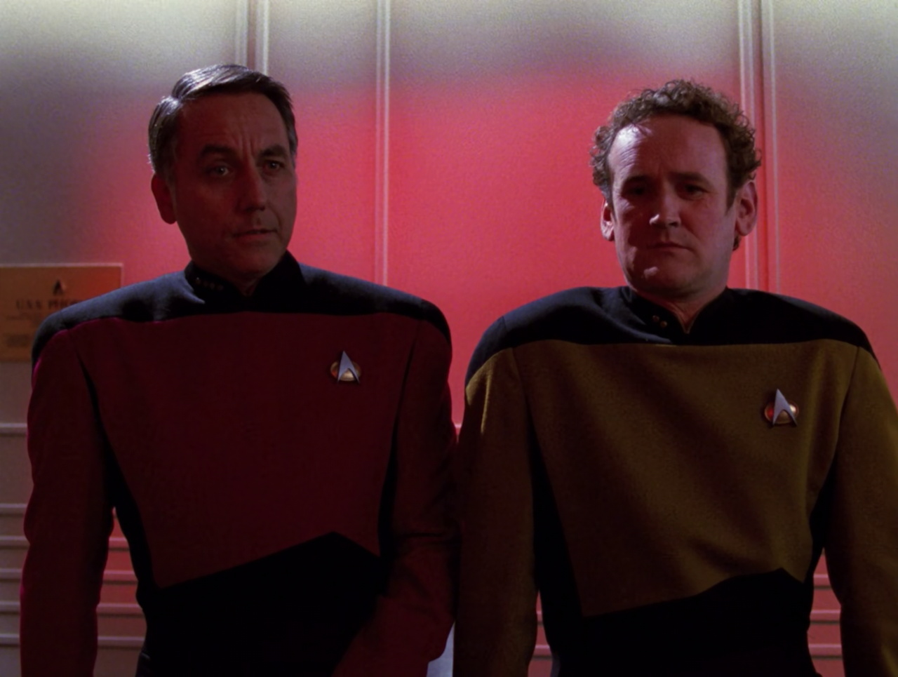 Still frame from Star Trek TNG The Wounded showing O'Brien and Maxwell